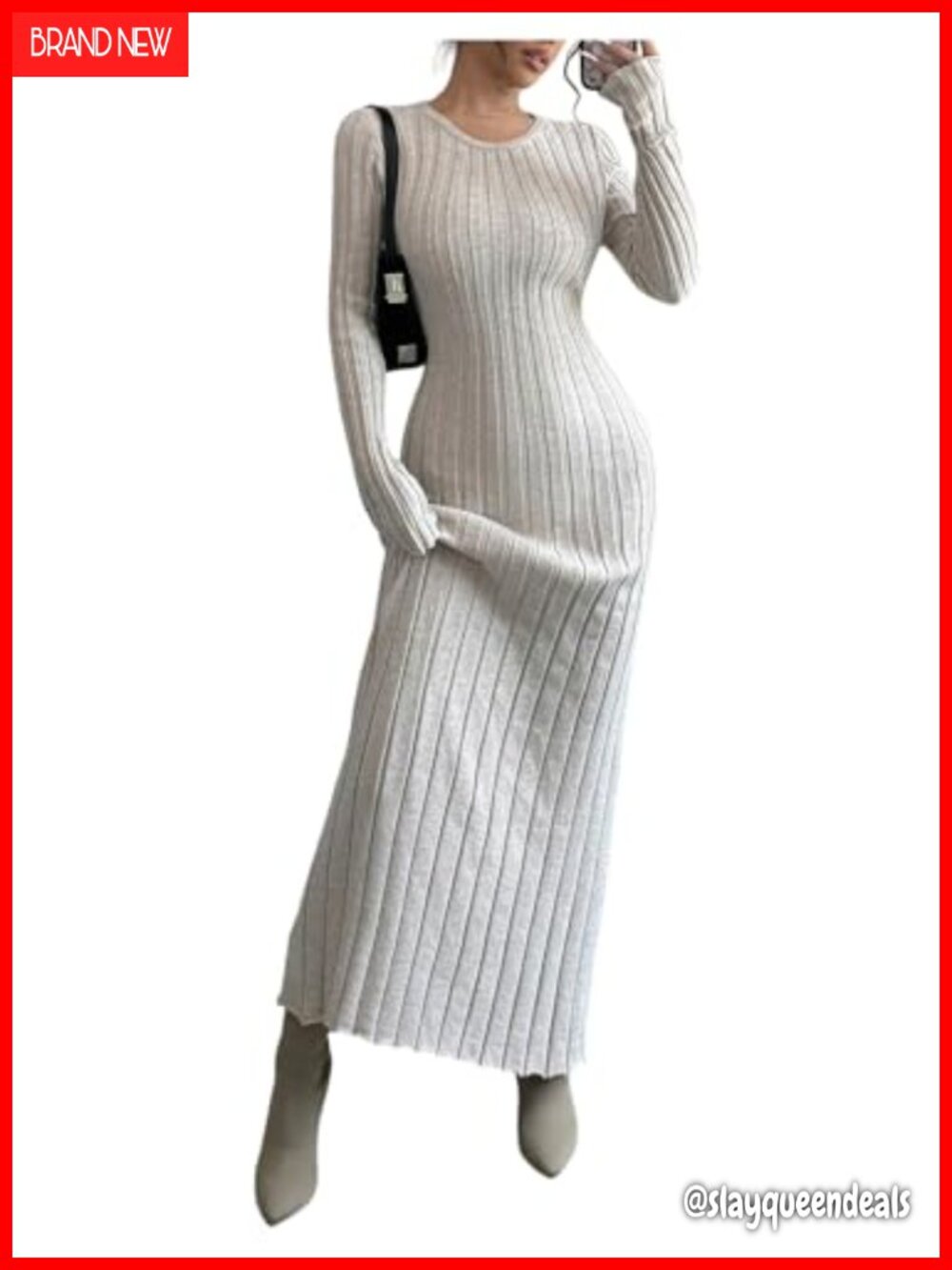Women's Crew Neck Rib Knitted Tie Back Sweater Maxi Dress Casual Long Sleeve